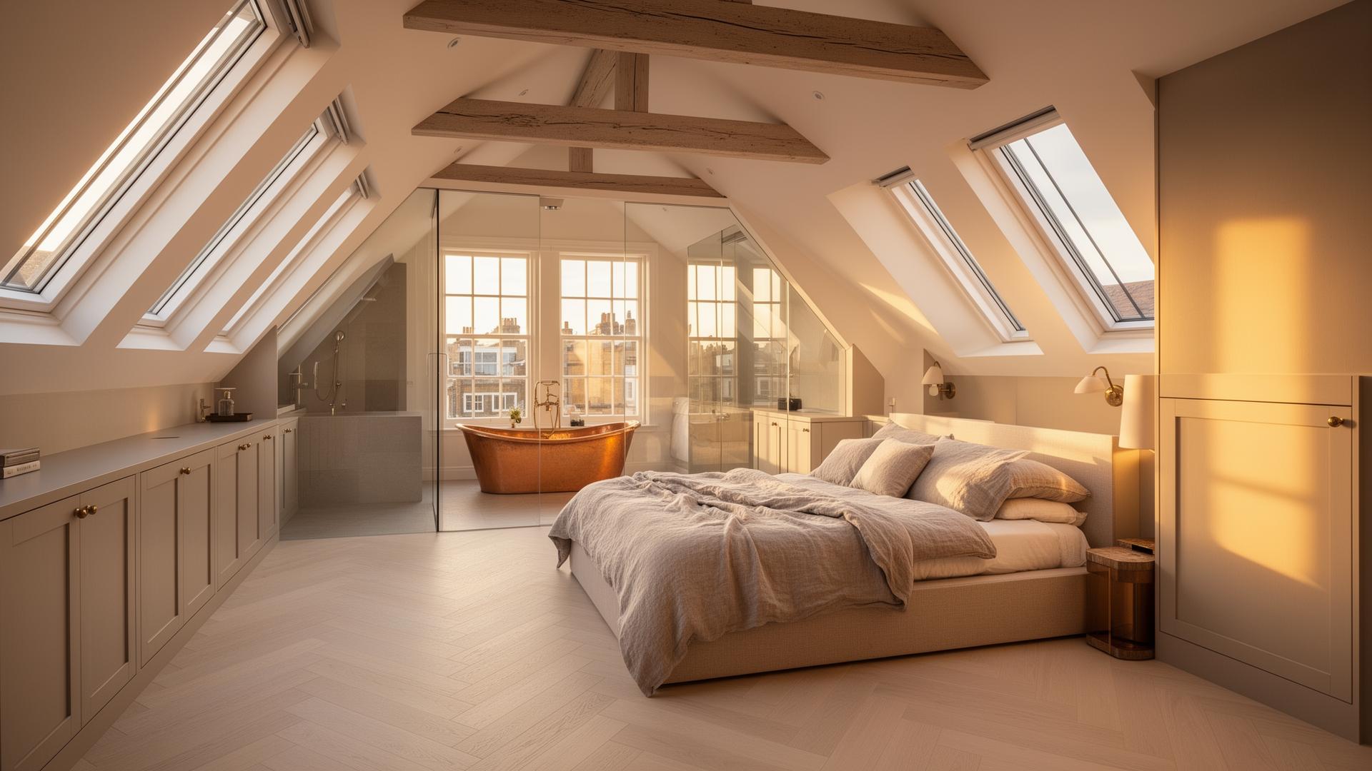 Luxury loft conversion with exposed beams by Bluebird Spaces, South West London